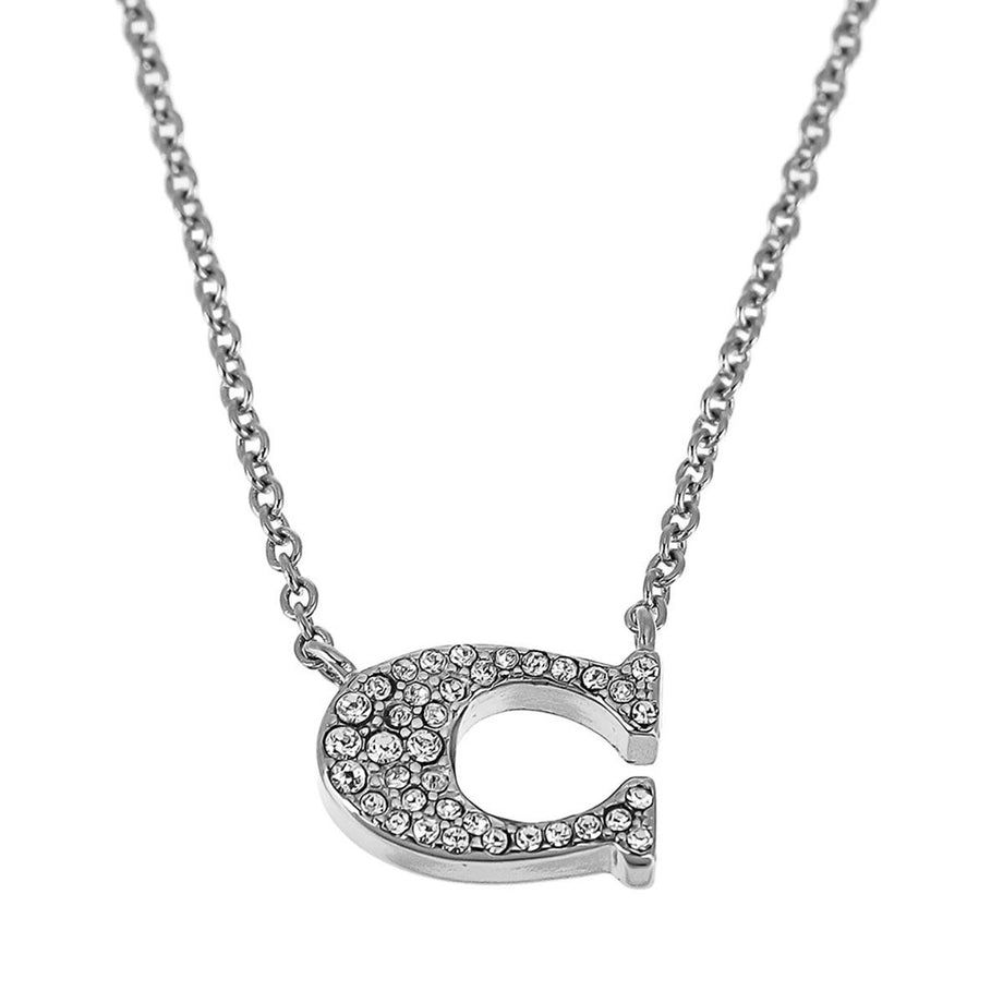 COACH Silver-Tone Signature Logo & Oval Crystal Pendant Necklace, 16