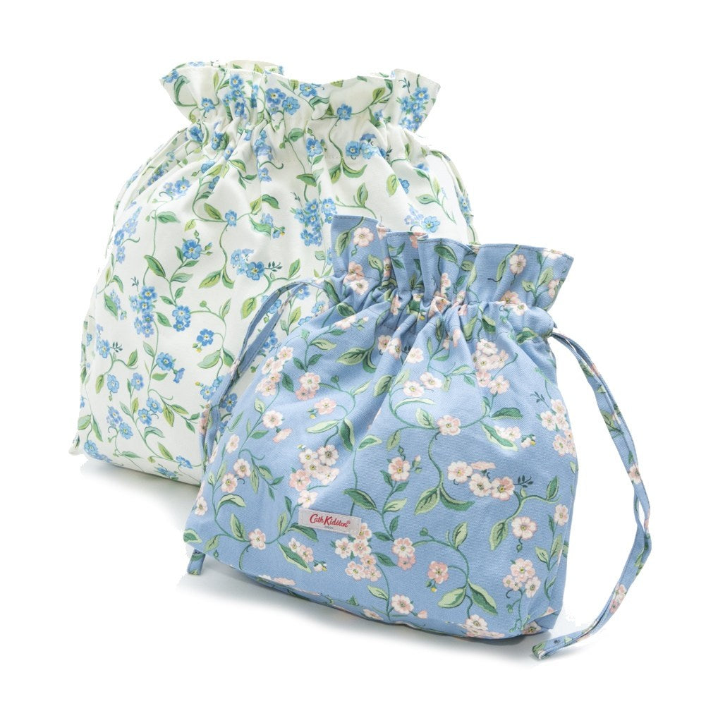 Cath Kidston Pouch drawstring accessory case 2-piece set 1010428  106135218286102 THE LITTLE HITCH POUCHES FORGET ME NOT CREAM ivory + blue  flower