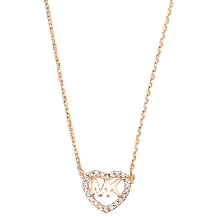 Michael Kors Necklace MKC1244AN791 anmk00224l 14K Rose Gold Plated Sterling  Silver Heart Logo Pendant Rose Gold + Clear